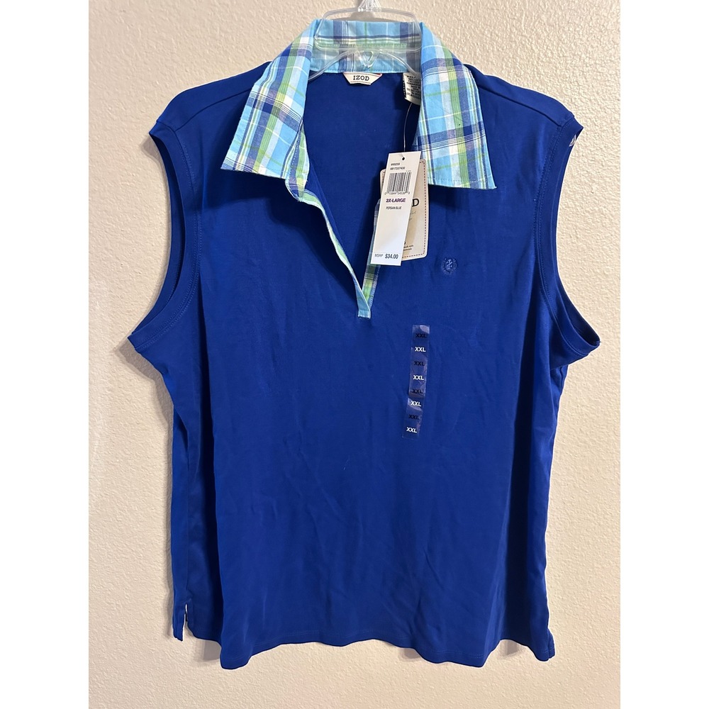 IZOD 2XL Sleeveless Polo Shirt Persian Blue Plaid Collar Golf Top NWT